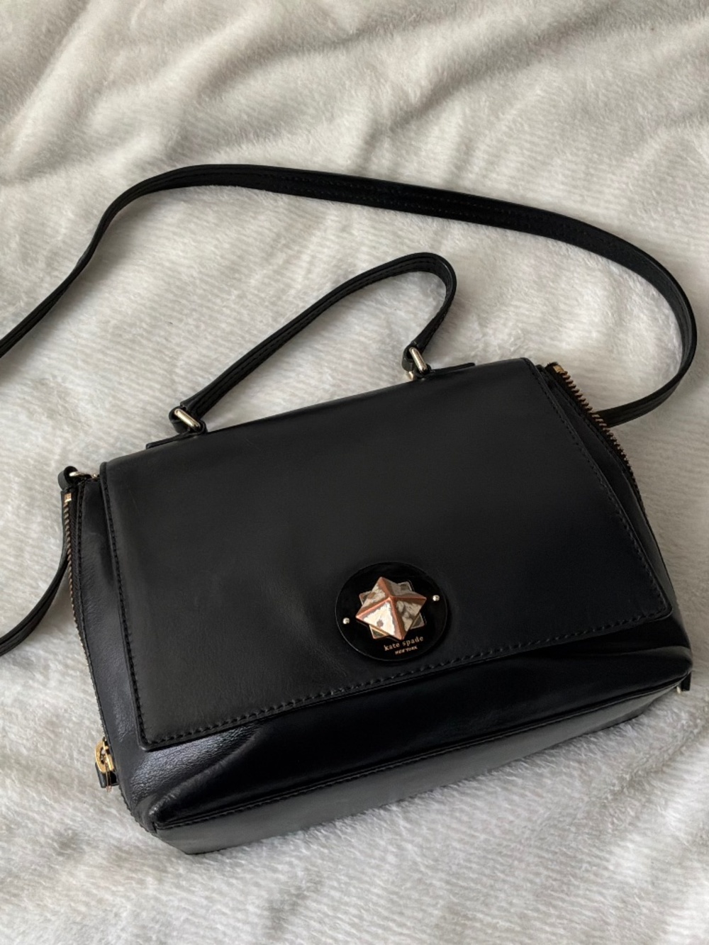 Kate Spade Varick Street Abbie Satchel Bag Black Leather & Leopard Haircalf